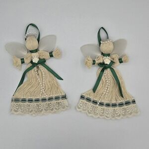 Vintage Handmade Yarn String Angel Ornaments Beads Lace Ribbon Cottagecore Fairy